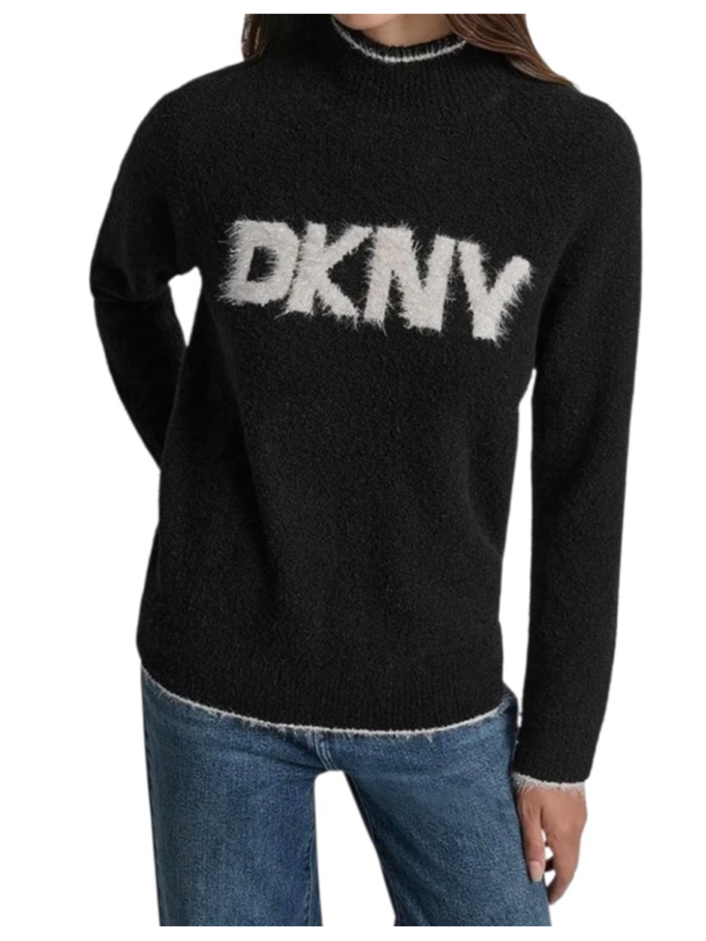DKNY Black & White Silver Logo Crew Neck Sweater L NWT